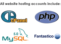 Website Hosting Plans include Cpanel, MySQL Version 5.0, Fantastico, PHP